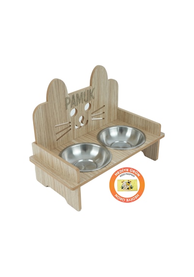 Gobypet Ahşap Özel İsim Baskılı Kulaklı Kedi Mama Su Kabı Standı