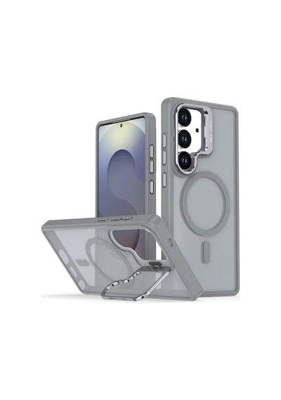 Samsung Galaxy S24 Kılıf Armor Seri Magsafe Uyumlu Stand Özellikli Kamera Lensli Kapak Gri