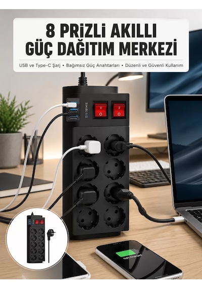 2 Metre Güçlü Çoklu Priz 8 Soket Yeni Nesil Mh-hs7755-2862