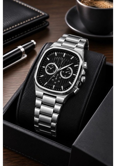 Erkek Gümüş Renk Metal Kordon Analog Kol Saati Siyah Kadran Takvim Göstergeli - Gümüş Çok Renkli 96587900