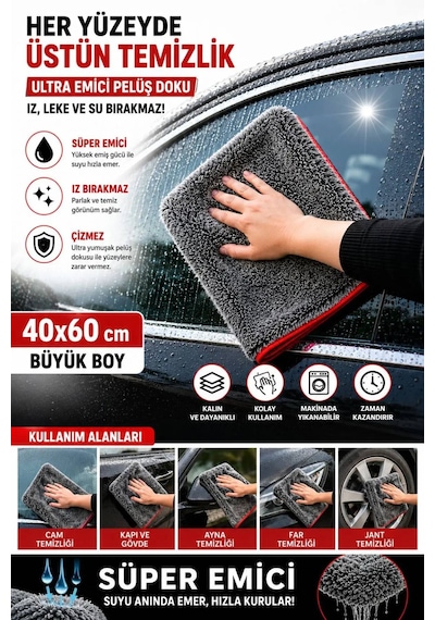 Premium 600 Gsm Peluş Mikrofiber Araç Kurulama Havlusu 40x60 Cm Ultra Emici Oto Kurulama Bezi Çizmez İz Ve Tüy Bırakmaz