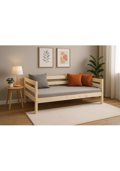 Ahşap Sedir Kanepe 90x190 Cm İç Ölçü Mindersiz Doğal Natural Masif Ahşap Bej