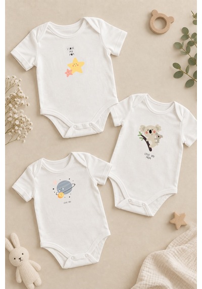 Luppinos Love You Mom 3lü %100 Pamuk Dijital Baskılı Bebek Body Set 1 Beyaz