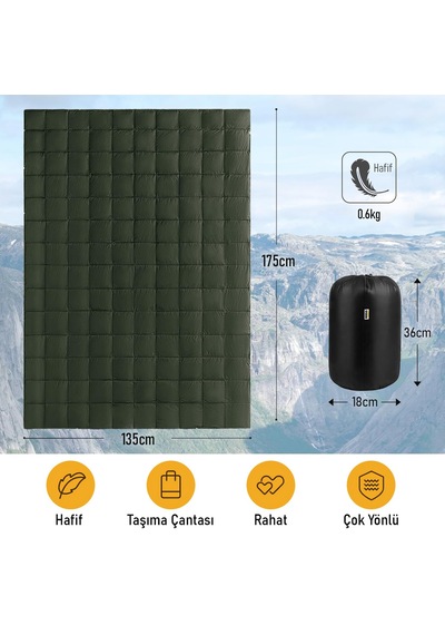 Haegs Kamp Battaniyesi - Dış Mekan Hafif Kompakt Seyahat Yorganı, Outdoor Kamp Malzemeleri, Kamp Yürüyüş Outdoor Şal, Battaniye 175-135 Cm Haki 36 Derece Üstü