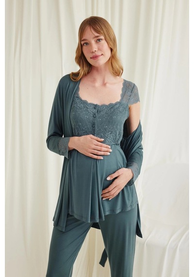 L'ombre Dantelli Önü Düğmeli Hamile Lohusa 3lü Viskon Pijama Takımı