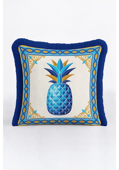 Ananas Tropik Otantik Motifli Saçaklı Yastık Kılıfı - Akdeniz Mavi Lacivert Püsküllü Kırlent Kılıfı Sakin Ufuk Serenat
