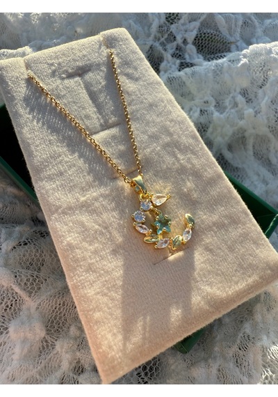 Işıltılı Taşlı Moon Floral Kolye Altın