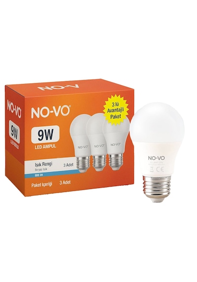 No-vo 3lü Avantaj Paket 9w Beyaz Led Ampul E27 806lm 6500k 15.000 Saat Ömür 5224