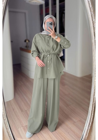 Ka Hijab Bağcıklı Bluz Pantolon Takım - Yeşil
