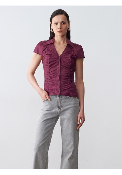 Dilvin 50546 %100 Pamuk Büzgülü Poplin Top-bordo