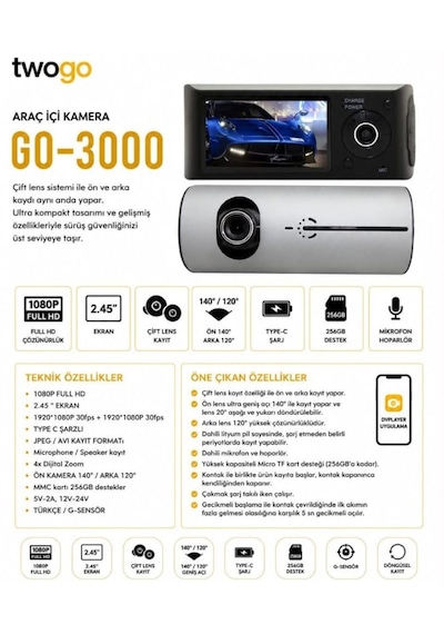 Twogo Go-3000 Pro Çift Yönlü Taşınabilir Araç İçi Kamera