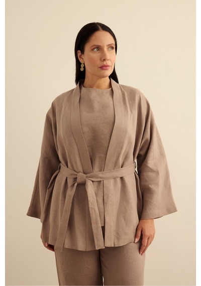 Aker Seyyar Kuşaklı Keten Kimono Vizon Vizon