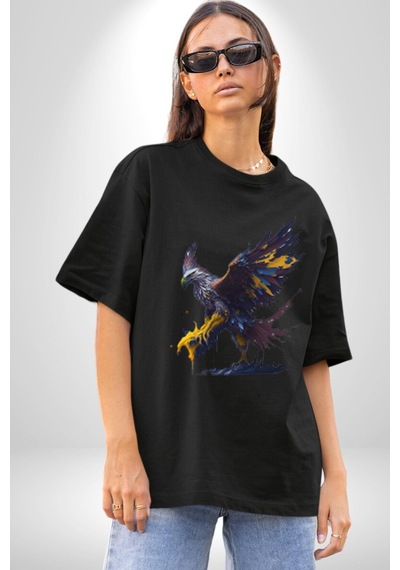Kara Kartal Sulu Boya Pamuklu Bisiklet Yaka Unisex Oversize Boyfriend Dijital Baskılı Siyah T-shirt Siyah
