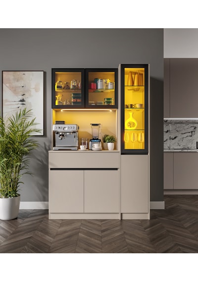 Viona Kum Beji Midi Sağ Vitrinli Komple Mdf Led Aydınlatmalı Kahve Köşesi Bej