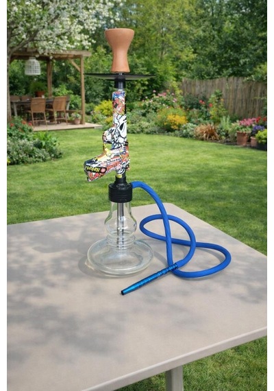 Cam Tabanlı Nargile 55 Cm 18 Cm Geniş Taban Modern Balkon & Teras Nargile Takımı Mavi Hortumlu