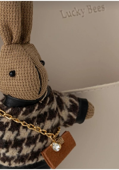 Lucky Bees Desenli Kadın Büyük Boy Sırt Çantası El Ve Omuz Çantası Ayıcıklı Maskot Açık Taba - Krem