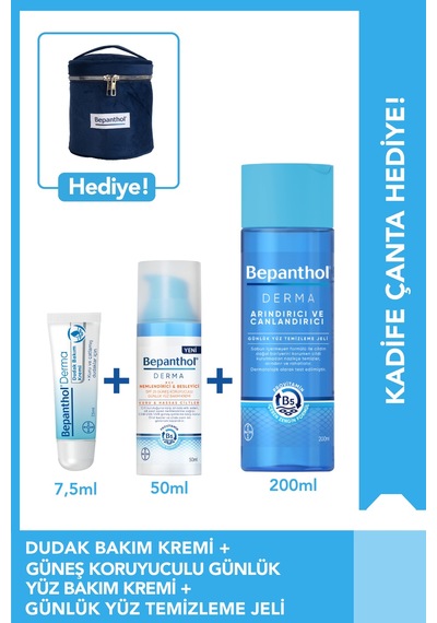 Bepanthol Spf Yüz Bakım Kremi 50ml + Temizleme Jeli 200ml +dudak Kremi 7.5ml + Kadife Çanta Hediye