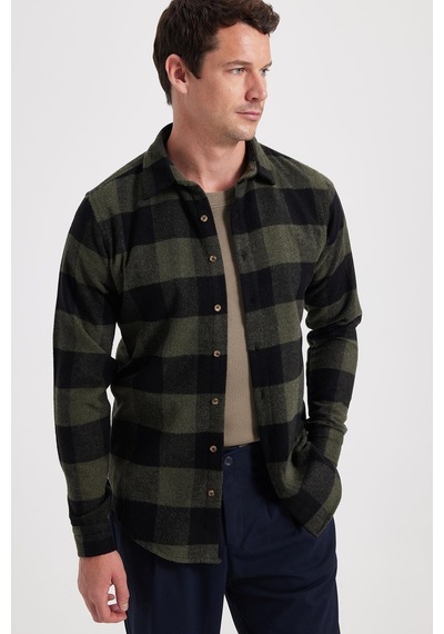 Tudors Erkek Slim Fit Dar Kesim Kareli Kışlık Oduncu Gömlek-42332 Haki