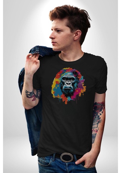 Renkli Maymun Goril Unisex Unisex Siyah Organik Baskılı T-shirt Penye Yüksek Kalite Siyah