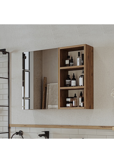 Banyo Dolabı Kulpsuz Tek Kapaklı Atlantik Çam Mdf 75 Cm Aynalı Atlantik Çam