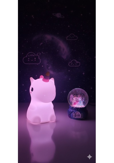 2 Li Sevgiliye Romantik Hediye Seti Unicorn Çok Renkli Led Gece Lambası Ve 9 Cm Mor Kar Küresi Seti Set