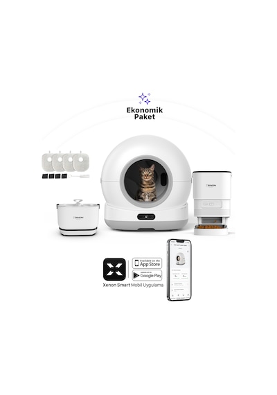 Xenon Smart Akıllı Otomatik Kedi Tuvaleti Paslanmaz Çelik Kaseli Mama Kabı Bataryalı Su Pınarı Ve Filtre 4'lü Pet Seti