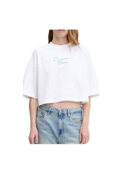 Kadın Cropped Boxy Fit Zincir Dikiş Logolu T-shirt - Beyaz-8784 Brilliant White