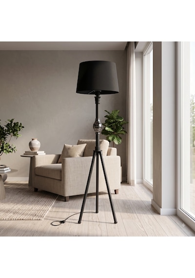 Enderun Tripod Metal Ayaklı Lambader Siyah Hazır Başlık Köşe Lambası Salon Aydınlatması