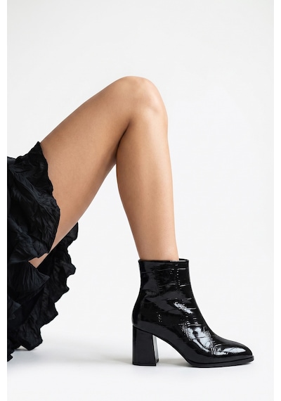 Luvi Shoes Lynda Siyah Rugan Baskı Kadın Kalın Topuklu Bot