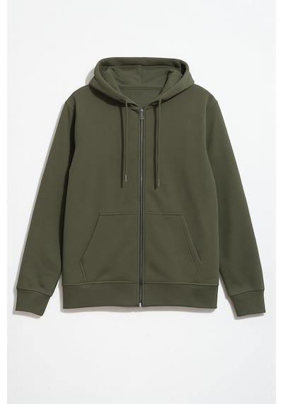 Erkek Fermuarlı Kapüşonlu Cepli Sweatshirt Haki
