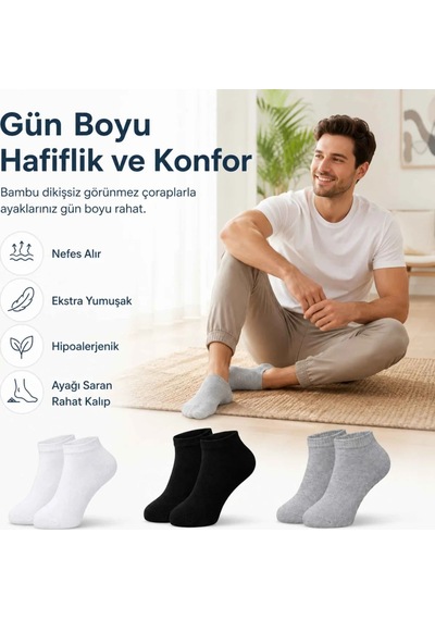 Genel Erkek Bambu Patik Çorap 6'lı Nefes Alan Nem Emici Yumuşak, Siyah Beyaz G Çok Renkli 6'lı / 39-44