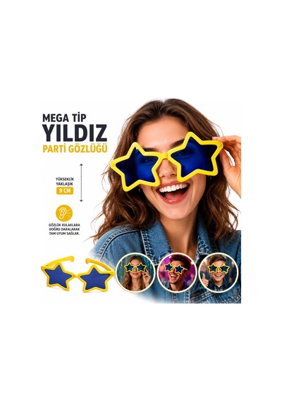 Mega Tip Yıldız Parti Gözlüğü Sarı Renk Yetişkin