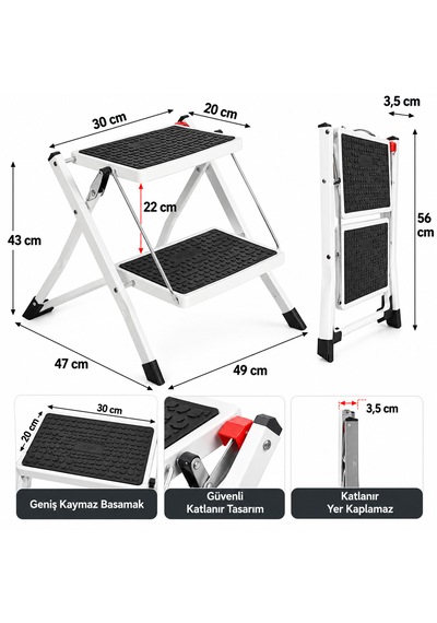 2 Basamaklı Katlanır Merdiven 150 Kg Taşıma Kapasiteli Kaymaz Geniş Basamaklı Yer Kaplamaz Beyaz