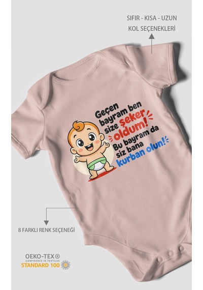 Morivokids Geçen Bayram Ben Yazılı Kısa Kollu Bebek Body %100 Pamuk Pastel Pembe