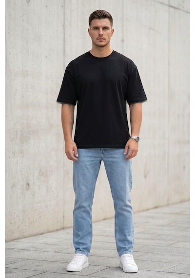 Erkek Siyah Oversize Tişört Bisiklet Yaka Basic Rahat Kalıp Günlük T-shirt