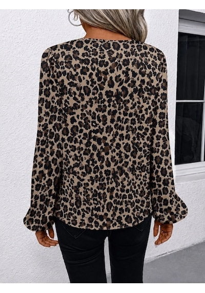 Veraura Lifestyle Kadın Uzun Kollu Yuvarlak V Yakalı Leopar Desenli Süprem Bluz