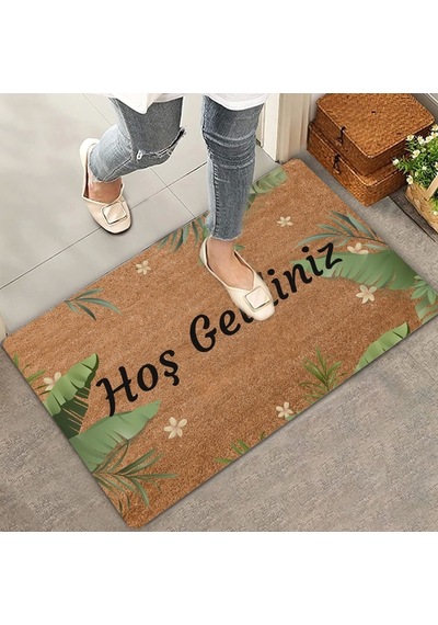 Valerine Life Tropikal Yaprağı Ve Beyaz Hatmi Çiçeği Hoş Geldiniz Kapı Önü Paspası 45 x 70 CM
