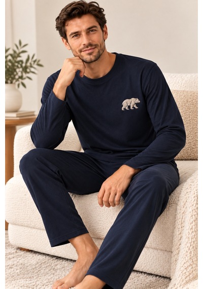Free Beka Erkek Nakışlı Lacivert Uzun Kollu Penye Kumaş Mevsimlik Pijama Takımı Gri