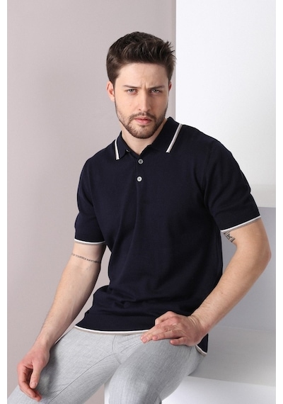 Ferraro Laci/Beyaz Yaka Şerit Düğmeli Erkek Pamuk Triko T-Shirt