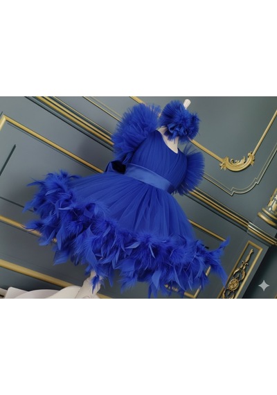 Star Kids Fashion Kız Çocuk Saks Mavisi Tüylü Elbise,kız Çocuk Abiye Elbise,toka Dahil Saks Mavi