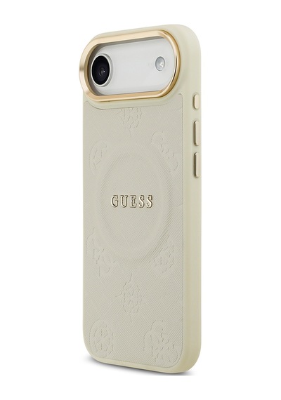 Apple Uyumlu iPhone 17 Air Kılıf Guess Lisanslı M-safeli Sıcak Baskı Yazı Logolu Pu Deri Peony Kapak Bej Bej