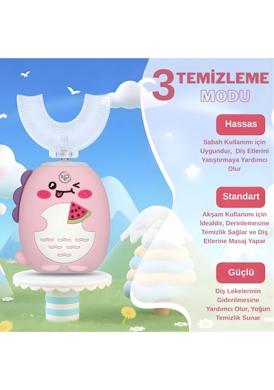 Npo 208 Şarjlı Ultrasonik 3 Modlu U Dizayn Çocuk Diş Fırçası - Pembe Şarjlı