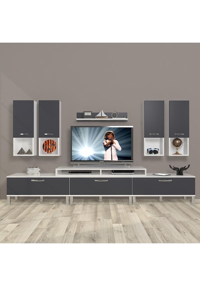 Decoraktiv Ekoflex 8da Mdf Krom Ayaklı Tv Ünitesi Tv Sehpası Beyaz - Antrasit
