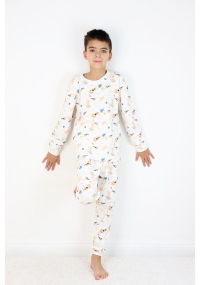 Harika Kids Erkek Çocuk Baskılı İnterlok Kumaş Uzun Kollu Pijama Takımı Beyaz - Gri