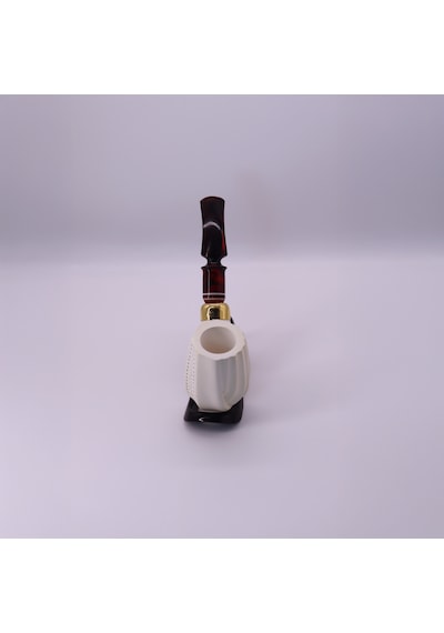 El Oyması Lületaşı Pipo 9mm Filtre Uyumlu Çift Yanak Gold Yüzük Koleksiyonluk Beyaz Model