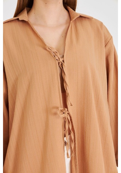 Armonika Kadın Camel Gömlek Yakalı Önden Bağcıklı Kimono Gömlek Arm-25k001006