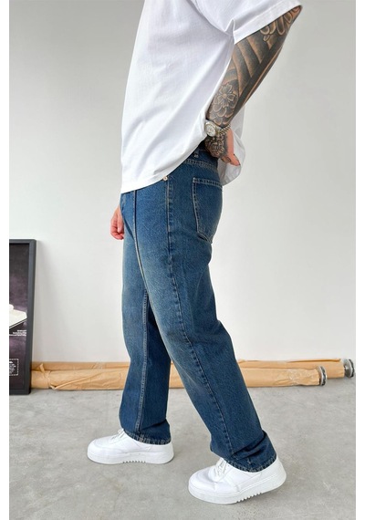 Vintage Mavi Ön Tasarım Çımalı Baggy Pantolon