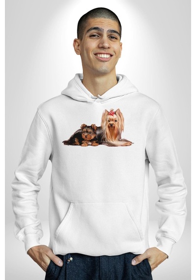 Yorkshire Teacup Ve Anne Köpek Kadın Erkek Beyaz Kapüşonlu Sweatshirt Hoodie Beyaz