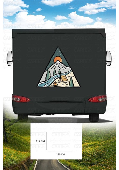 Karavan Kamp Baskı Sticker - Kamp Çadırı Ve Kamp Ateşi Sticker - Dağ Ve Güneş Sticker - 120x112 Cm
