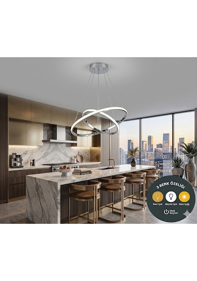 Luxury Krom 2'li İç İçe Geçmeli Halka Led Sarkıt Avize - 3 Renk Işıklı Modern Salon Mutfak Avizesi